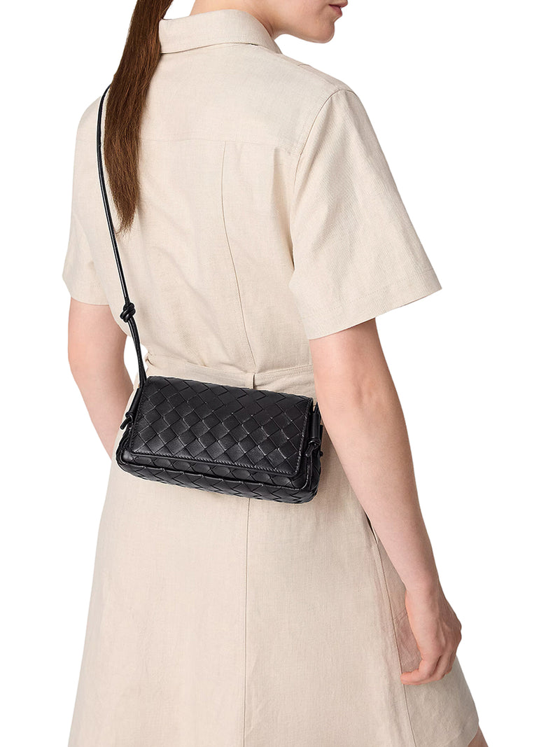 WOVEN NAPPA CLUTCH WITH ADJUSTABLE TUBULAR SHOULDER STRAP