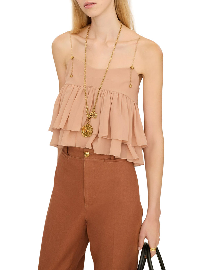 SLEEVELESS SILK GEORGETTE TOP WITH RUFFLES