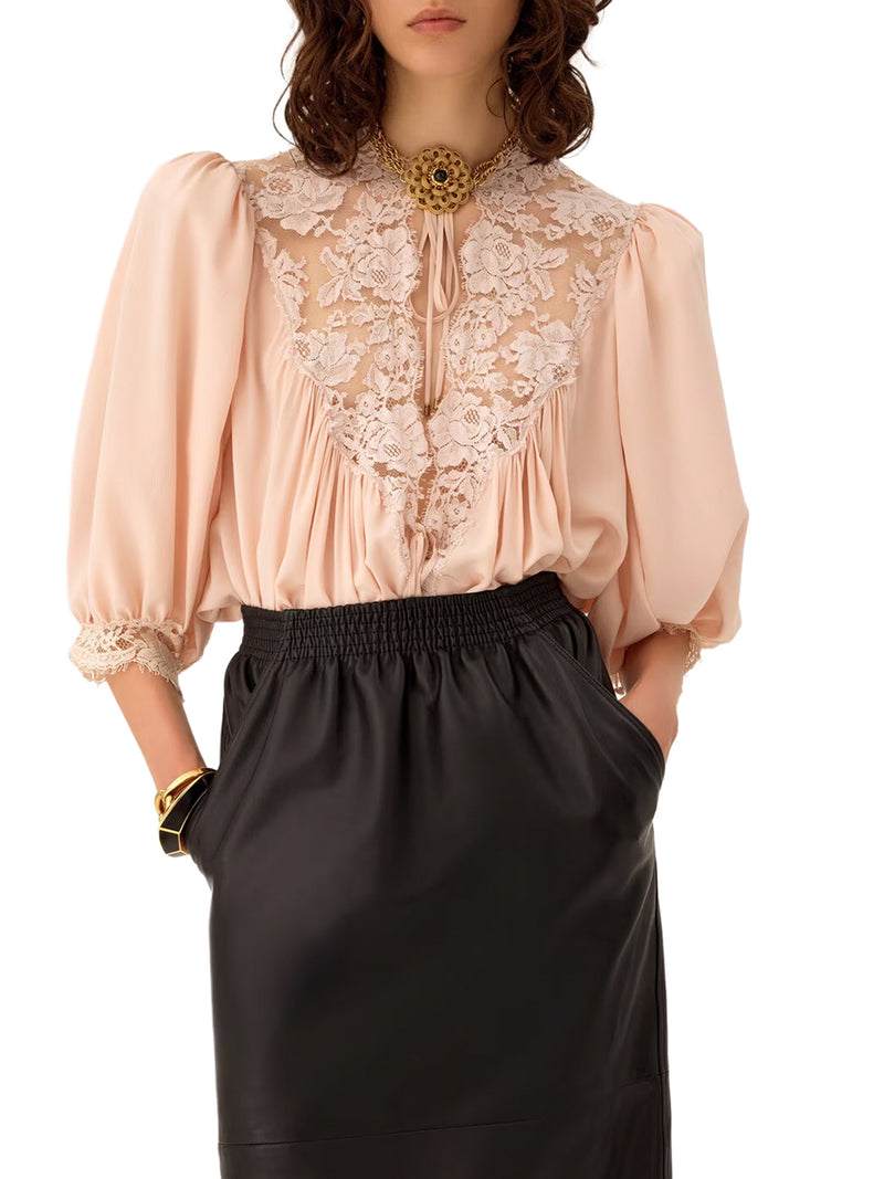 FLUID TOP WITH PUFFED SLEEVES IN CREPE DE CHINE AND LACE