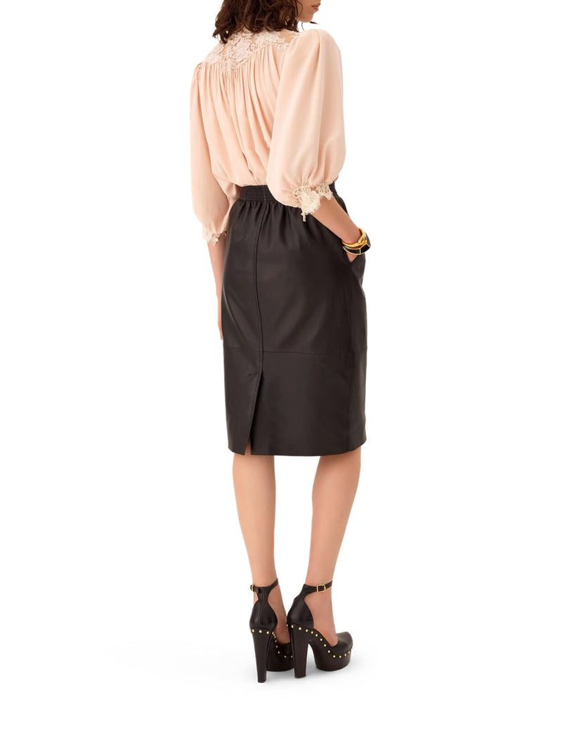 FLUID TOP WITH PUFFED SLEEVES IN CREPE DE CHINE AND LACE