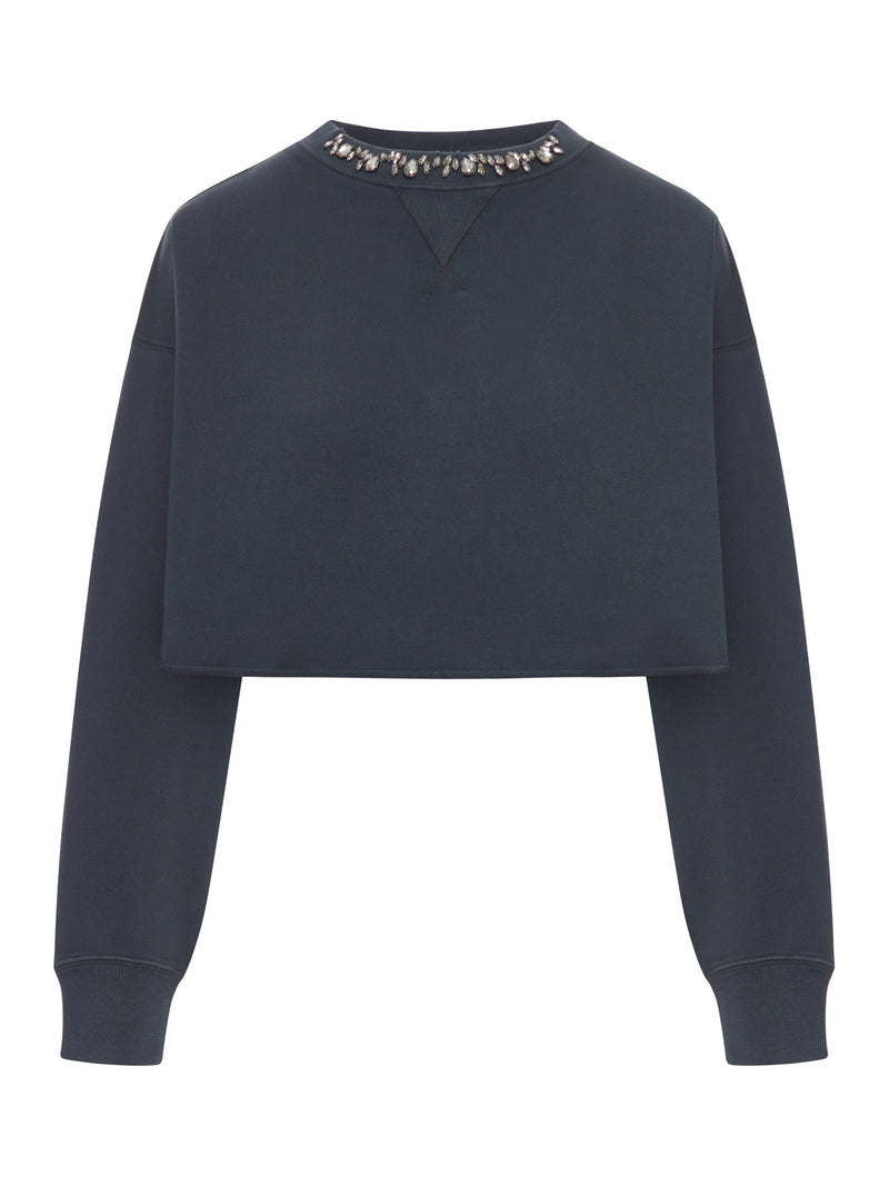 CREW NECK SWEATSHIRT IN ORGANIC COTTON FLEECE WITH CRYSTALS ON THE NECK