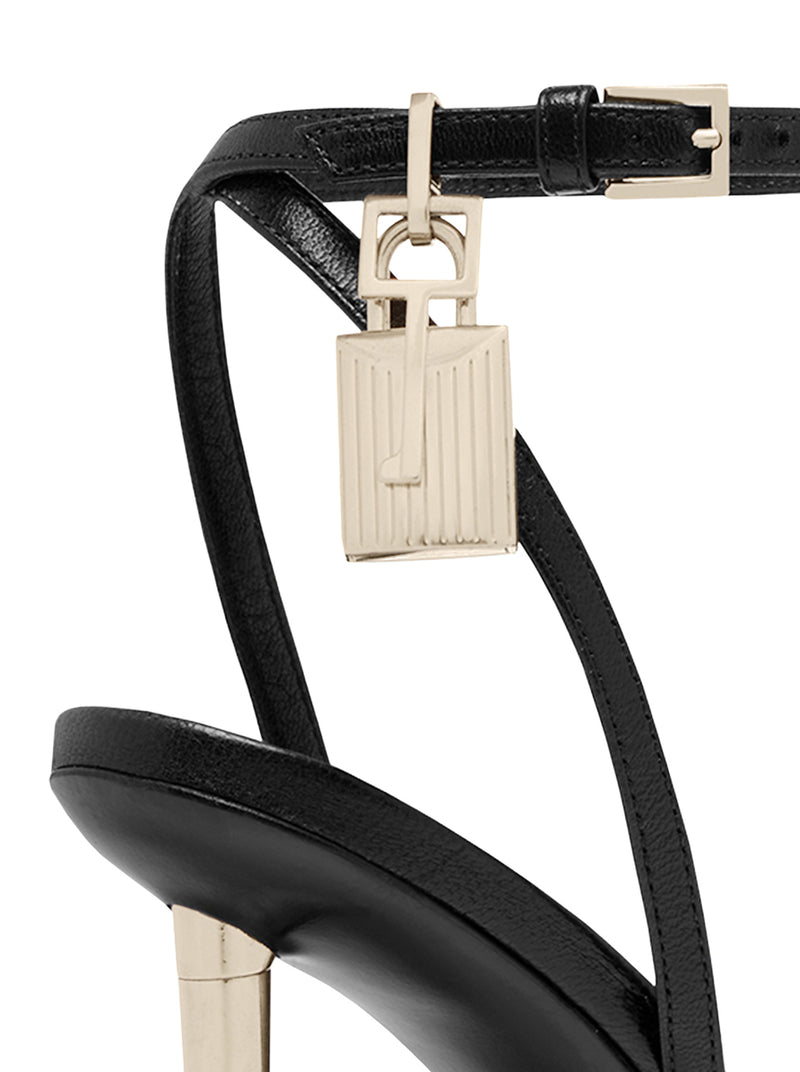 POINTED-TOE SANDAL WITH PADLOCK IN POLISHED LEATHER