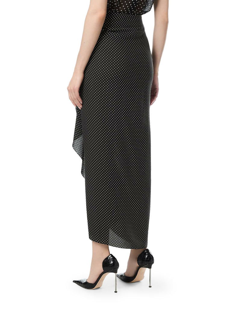 POLKA-DOT SABLE SILK WRAP SKIRT WITH LEATHER DETAIL