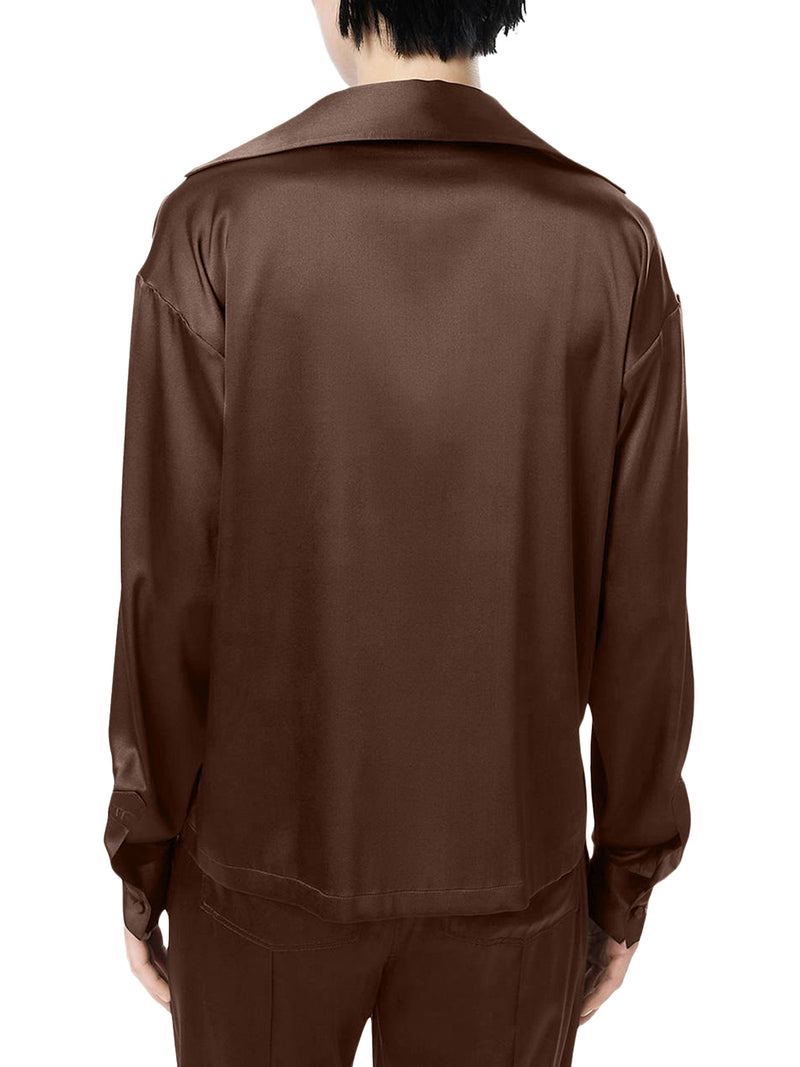 SILK SATIN BLOUSE WITH TF LOGO EMBROIDERED IN TONE-ON-TONE BROWN