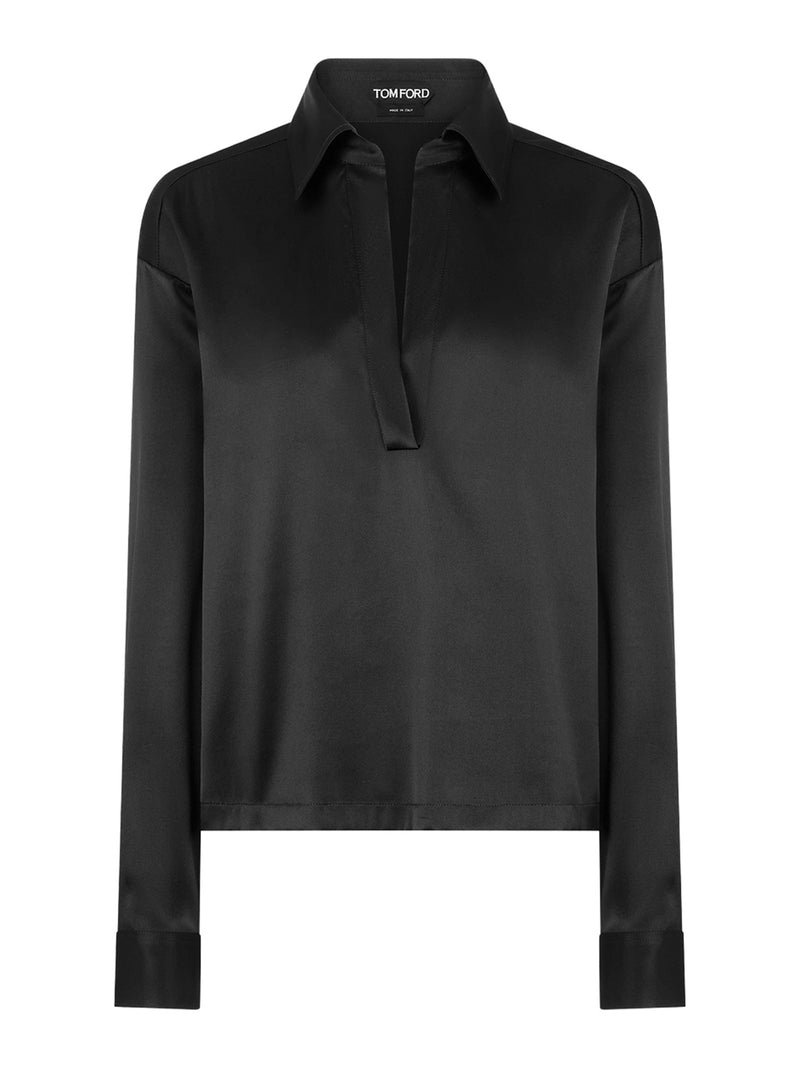 SILK SATIN BLOUSE WITH TF LOGO EMBROIDERED IN TONE-ON-TONE BLACK