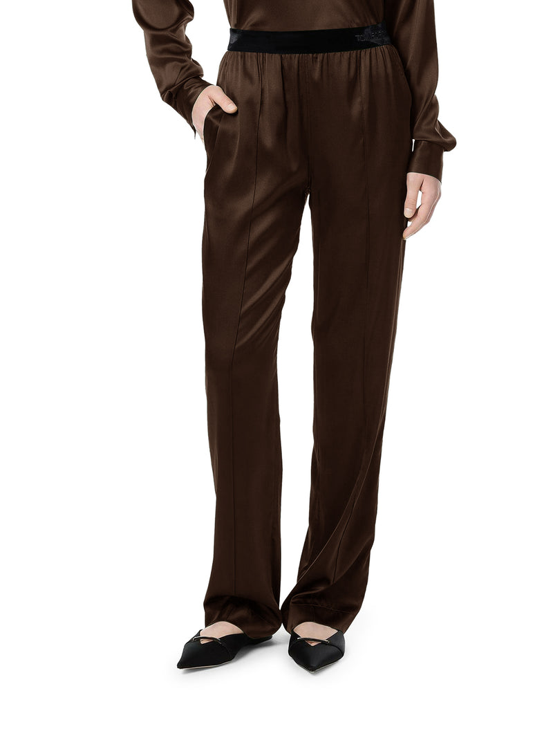 BROWN STRETCH SILK SATIN TROUSERS