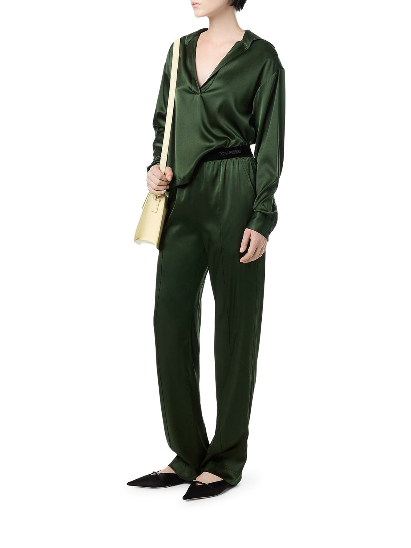 GREEN STRETCH SILK SATIN TROUSERS