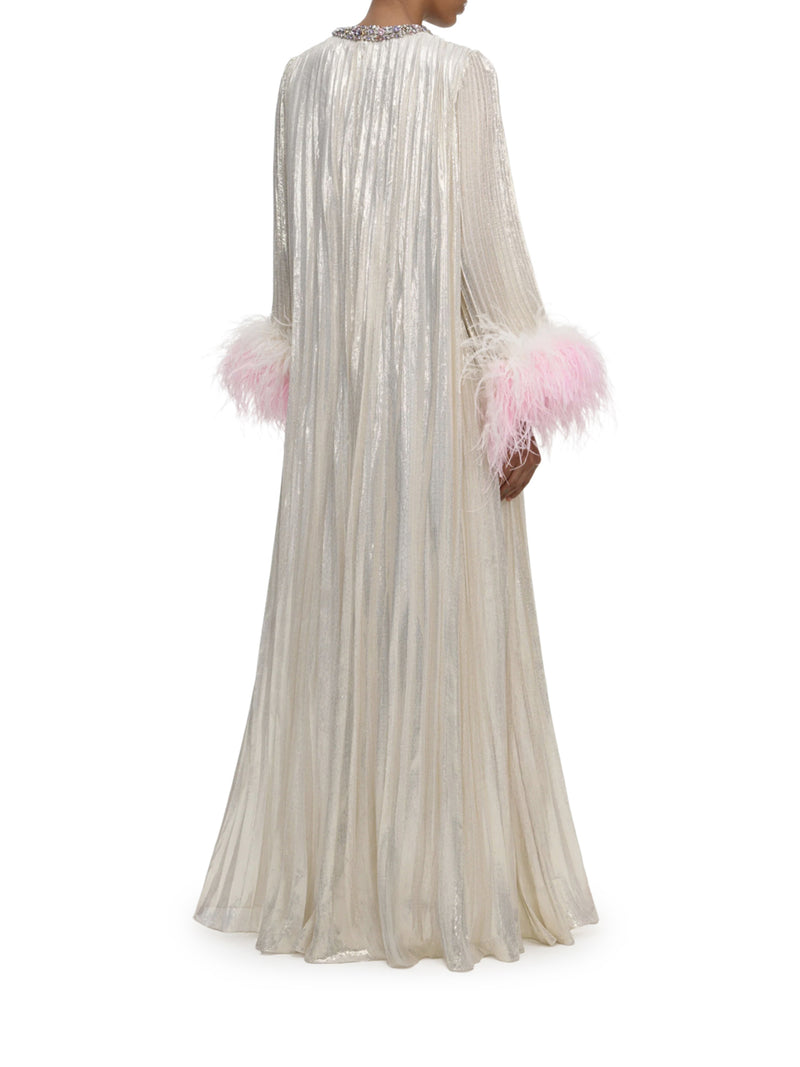 LONG METALLIC DRESS WITH FEATHERS