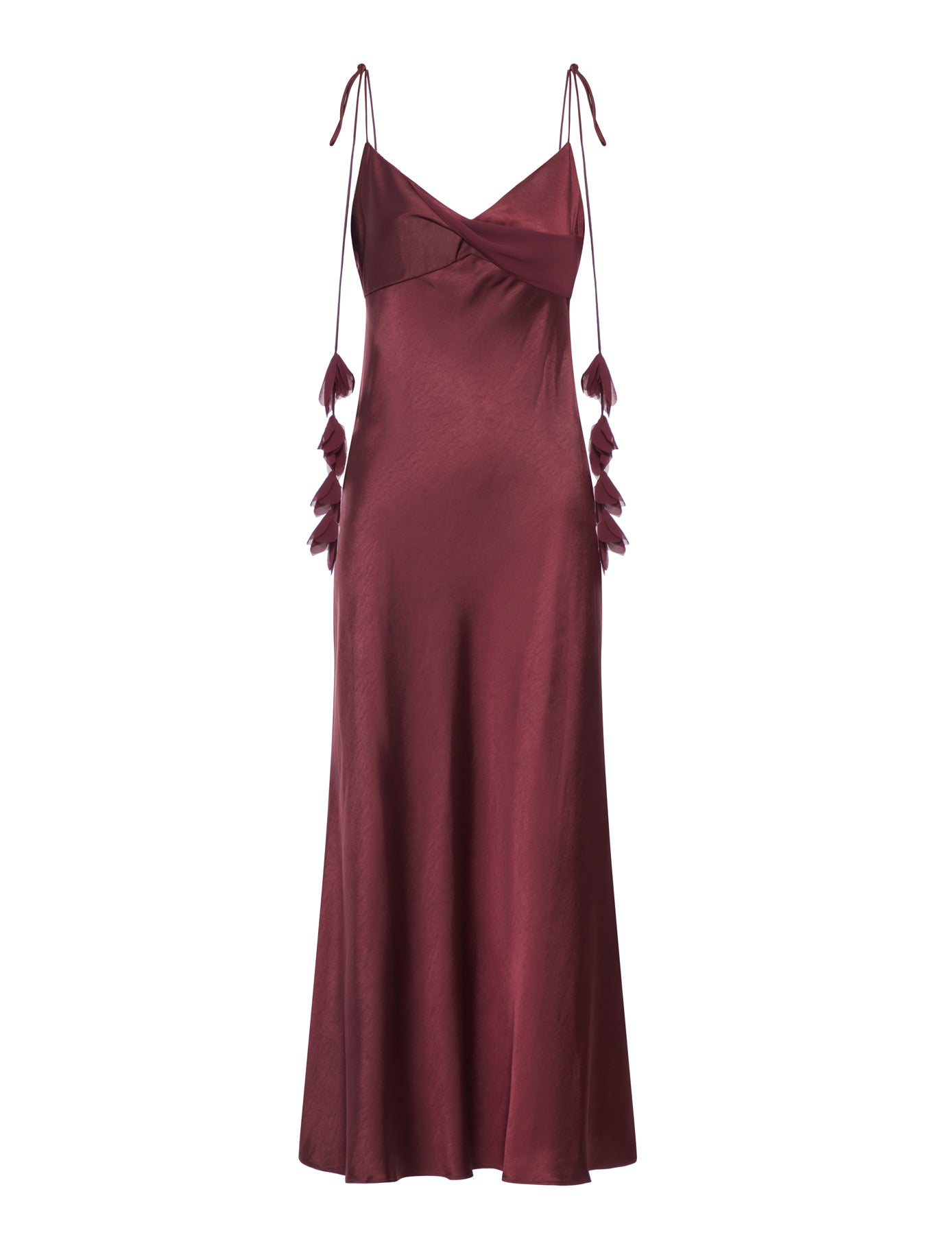 BURGUNDY SATIN FLOWER MIDI DRESS