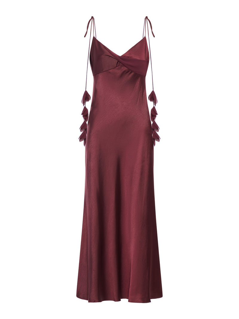 BURGUNDY SATIN FLOWER MIDI DRESS
