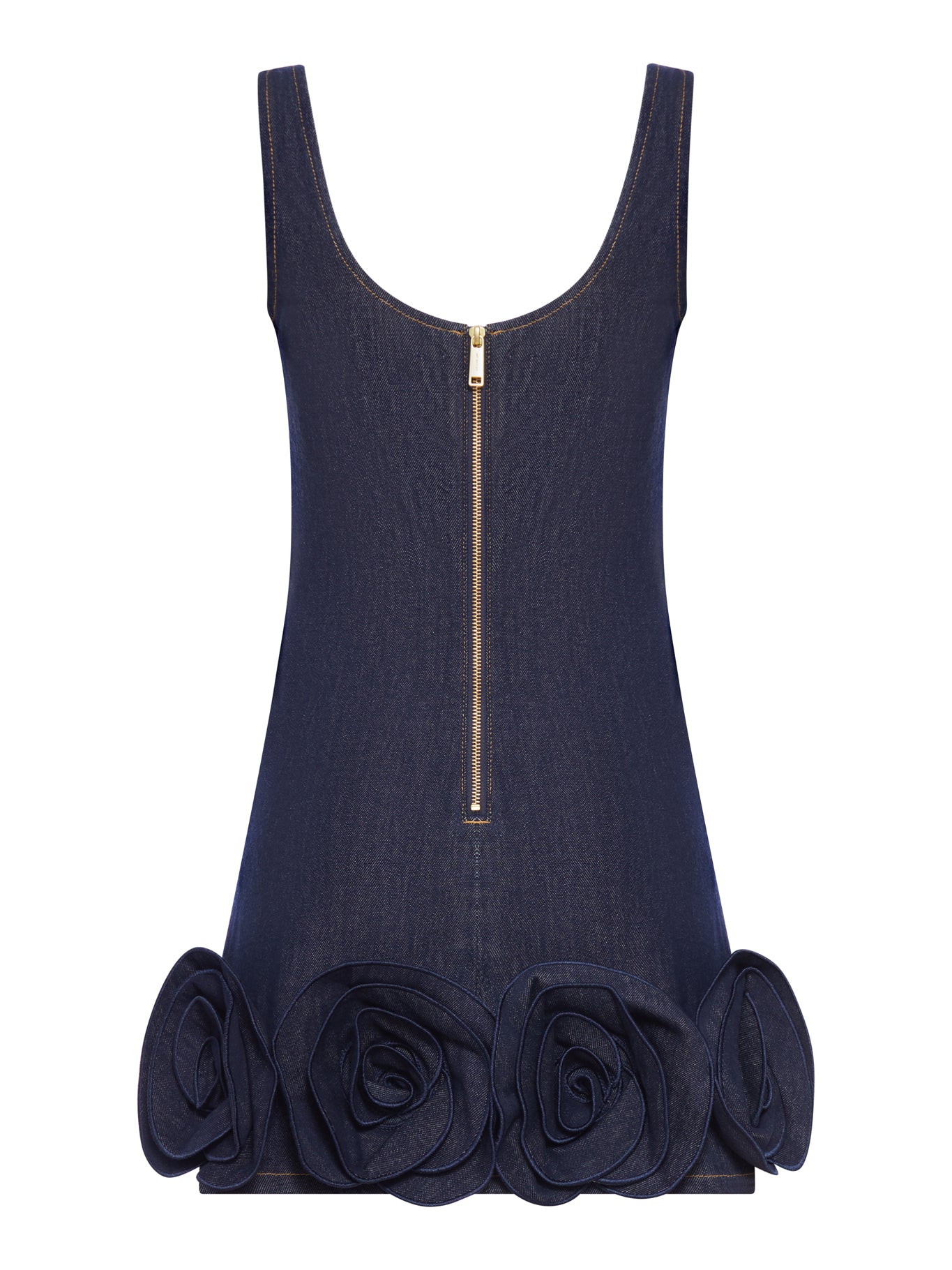 INDIGO DENIM MINI DRESS WITH 3D FLOWERS