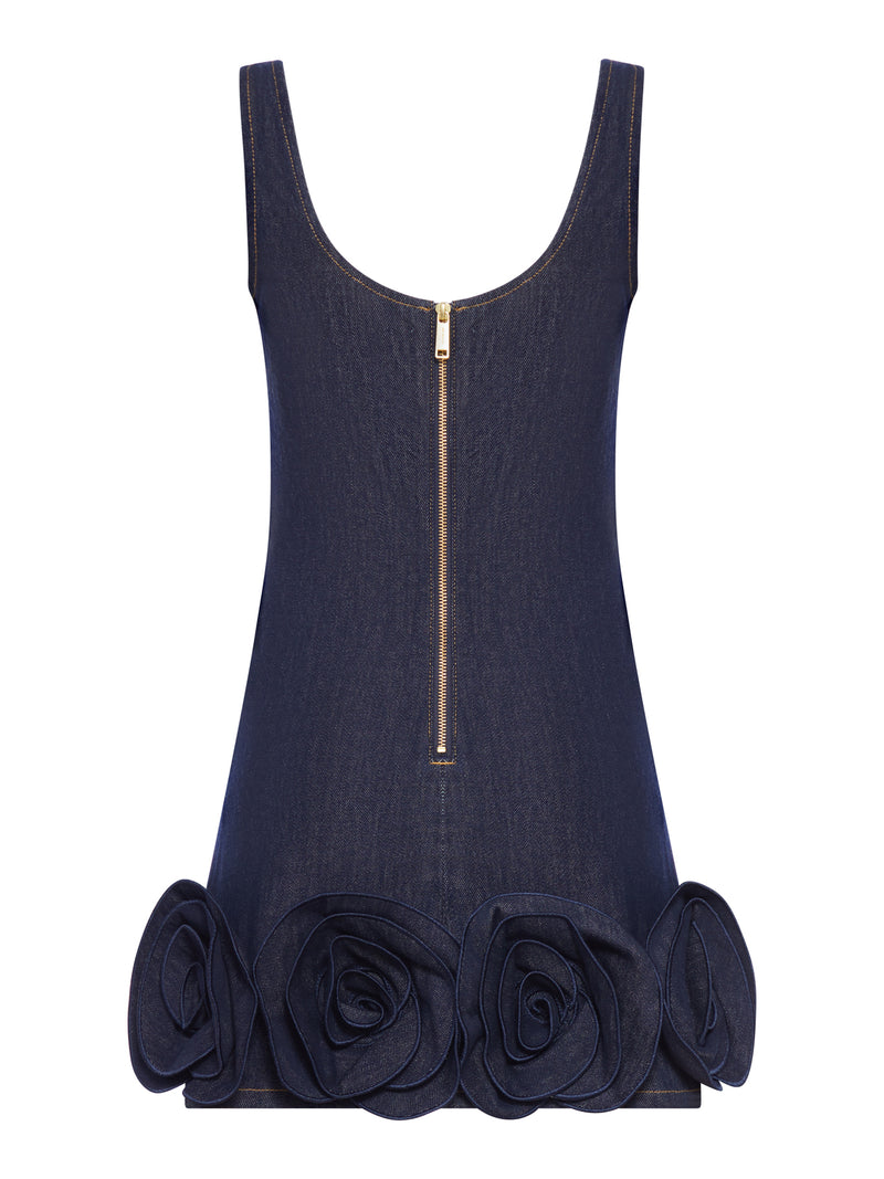 INDIGO DENIM MINI DRESS WITH 3D FLOWERS