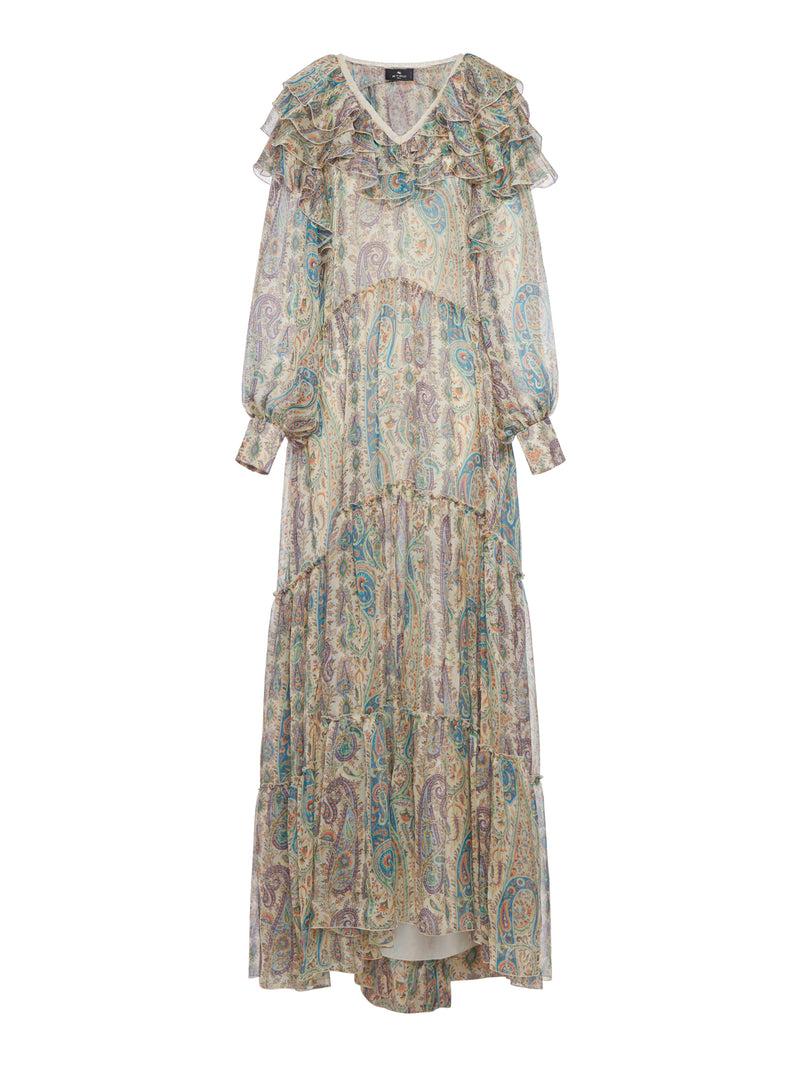 LONG SILK DRESS WITH FLORAL PAISLEY PATTERN