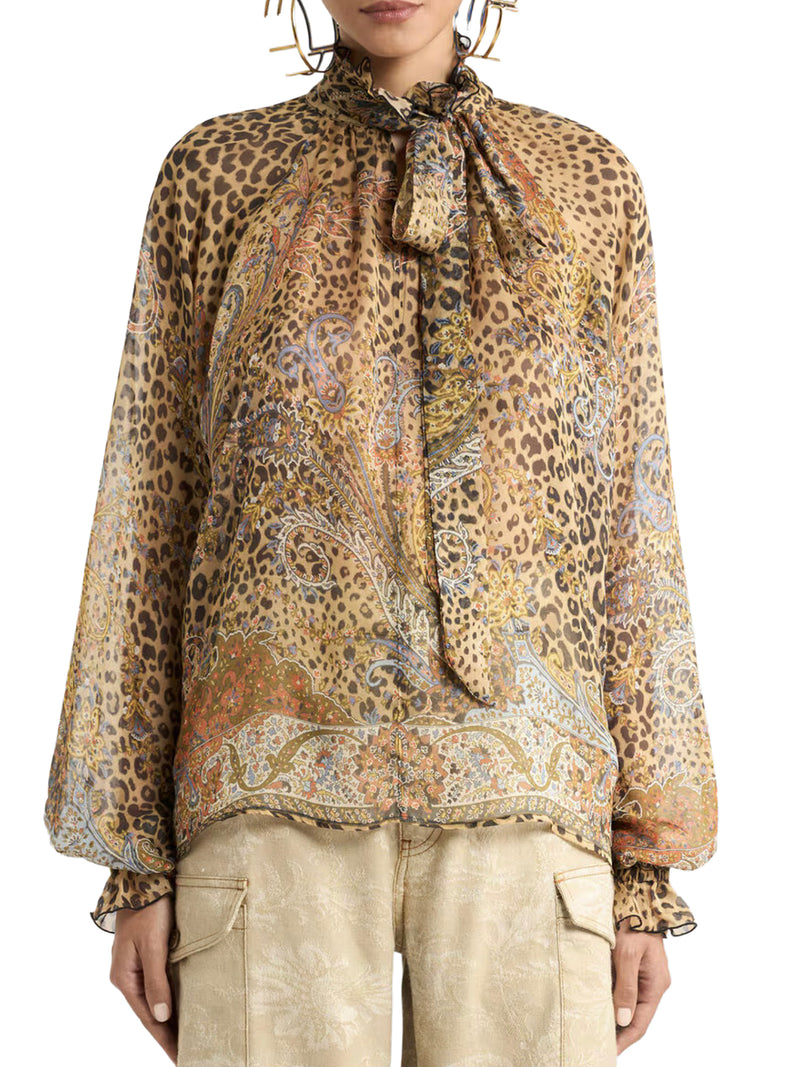 SILK CHIFFON BLOUSE WITH SCARF AND ANIMAL PAISLEY PATTERN