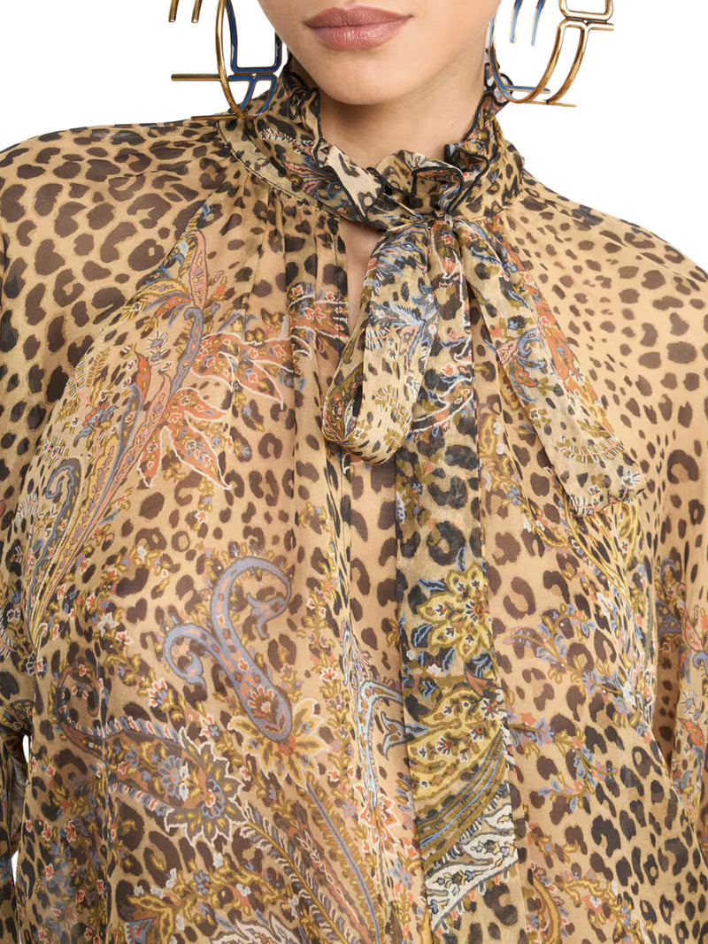 SILK CHIFFON BLOUSE WITH SCARF AND ANIMAL PAISLEY PATTERN