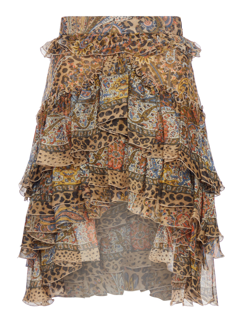PAISLEY AND ANIMAL PRINT SILK RUFFLED MINI SKIRT