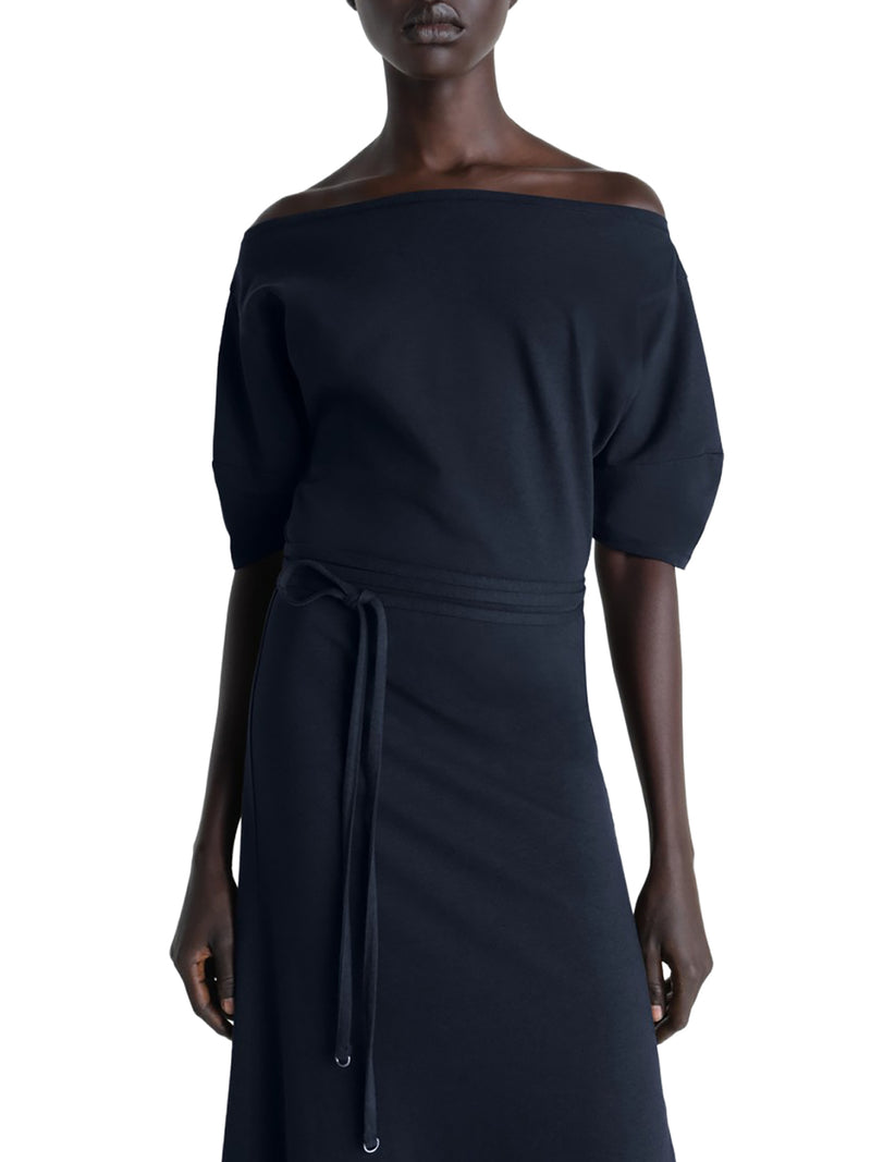 OFF-SHOULDER DRESS IN HEAVY LINEN AND COTTON JERSEY