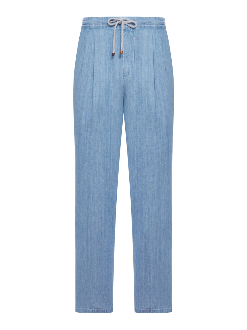 LIGHTWEIGHT DENIM TROUSERS WITH DRAWSTRING AND DOUBLE PLEATS