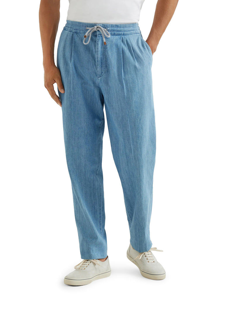 LIGHTWEIGHT DENIM TROUSERS WITH DRAWSTRING AND DOUBLE PLEATS