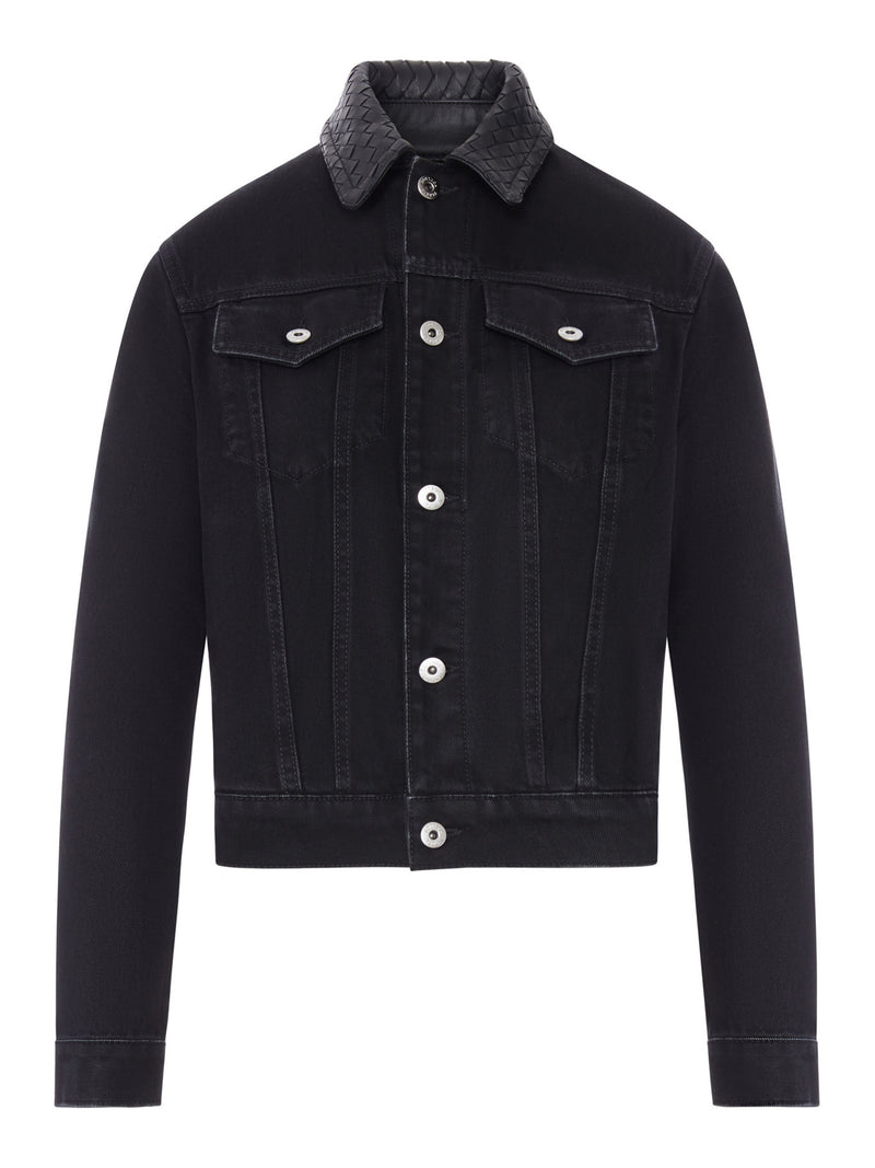 DENIM JACKET WITH BRAIDED LEATHER COLLAR