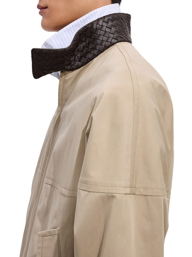 COTTON BLOUSON WITH WOVEN LEATHER COLLAR