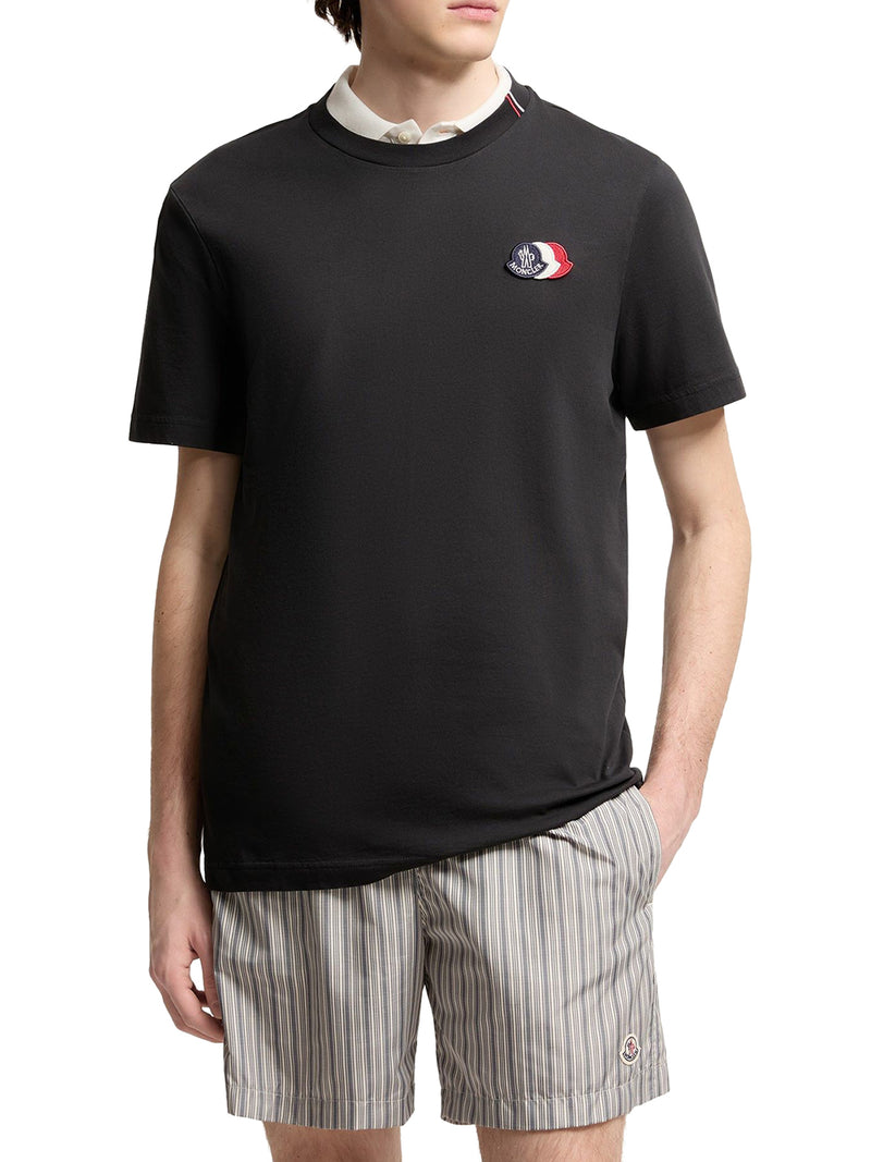 NAVY BLUE COTTON T-SHIRT WITH EMBROIDERED TRICOLOR LOGO