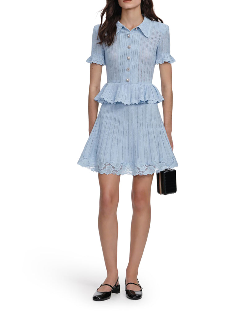 BLUE POINTELLE PEPLUM KNIT MINI DRESS