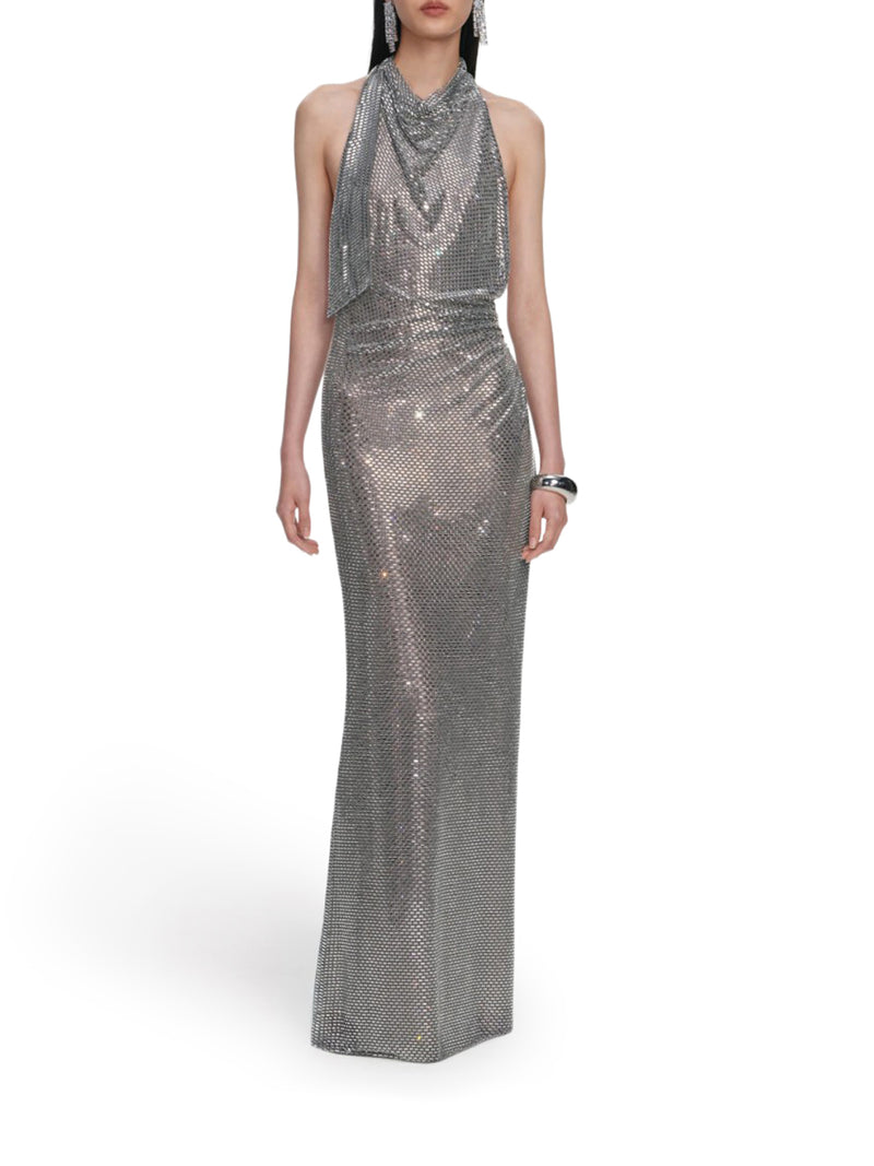 GREY RHINESTONE DRAPE MAXI DRESS