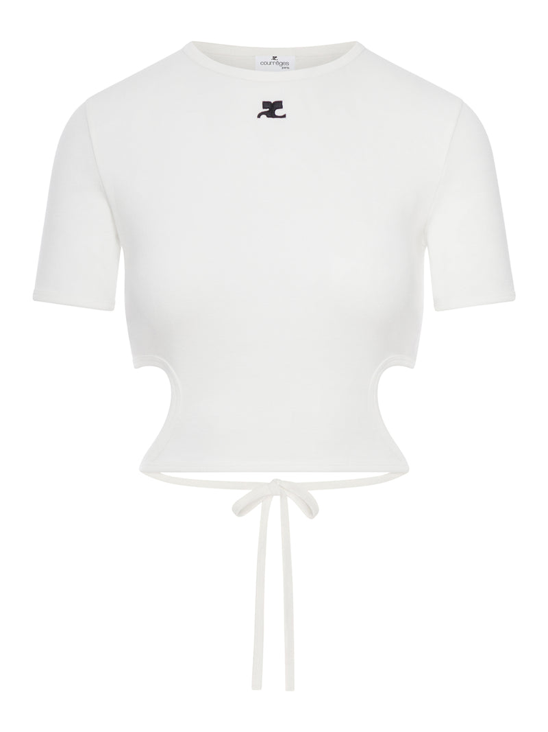 CROPPED T-SHIRT WITH EMBROIDERED LOGO AND CUT-OUT DETAIL
