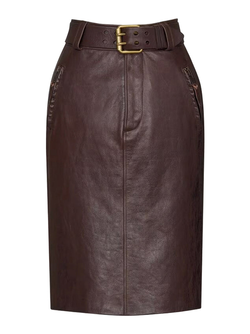 BELTED PENCIL SKIRT IN CREASED LEATHER