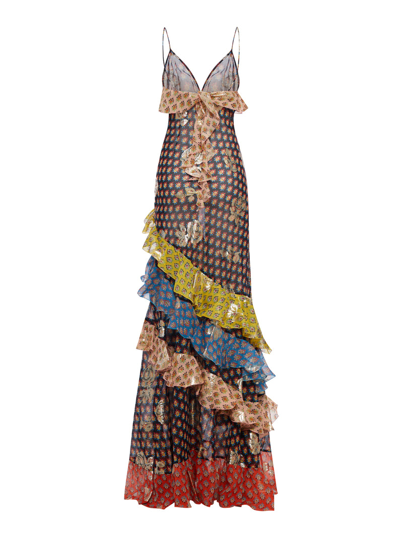 LONG PATCHWORK DRESS WITH RUFFLES AND THIN STRAPS