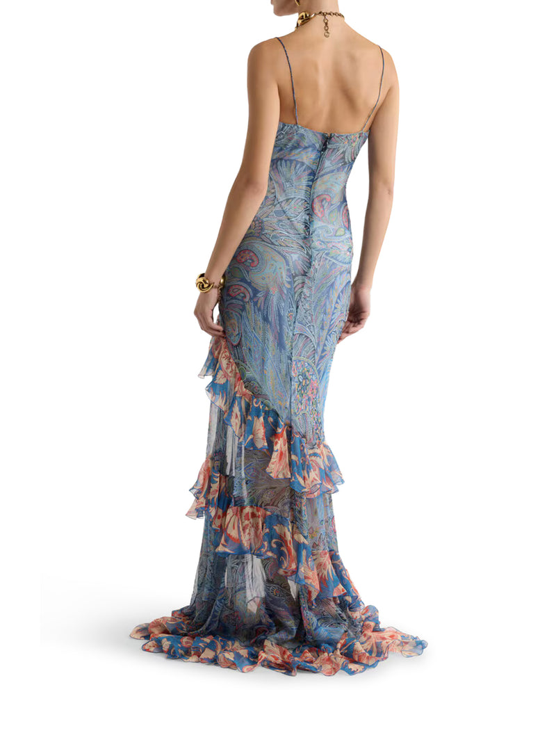 LONG SILK DRESS WITH RUFFLES AND FLORAL PATTERN