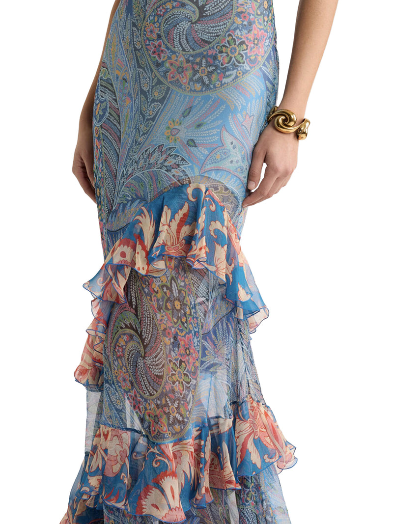 LONG SILK DRESS WITH RUFFLES AND FLORAL PATTERN