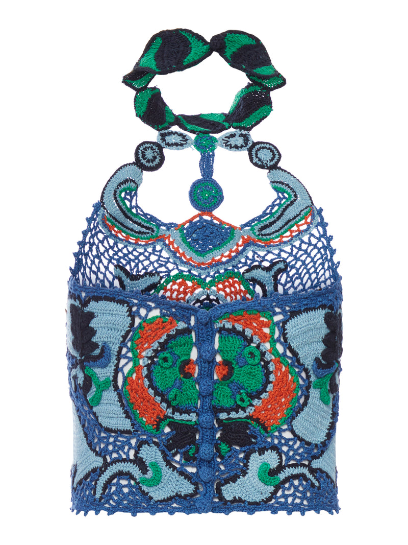 COTTON CROP TOP WITH CROCHET-EFFECT FLORAL PATTERN