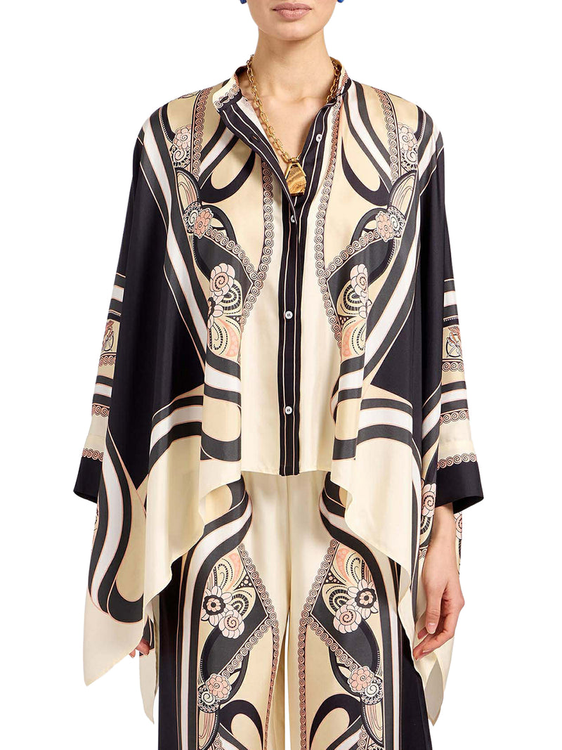 SILK SCARF SHIRT WITH GRAPHIC PRINT AND ASYMMETRIC BOTTOM