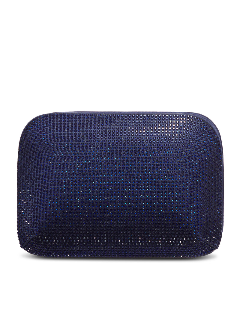 JEWEL CLUTCH BAG IN SATIN WITH BLUE CRYSTALS AND CHAIN