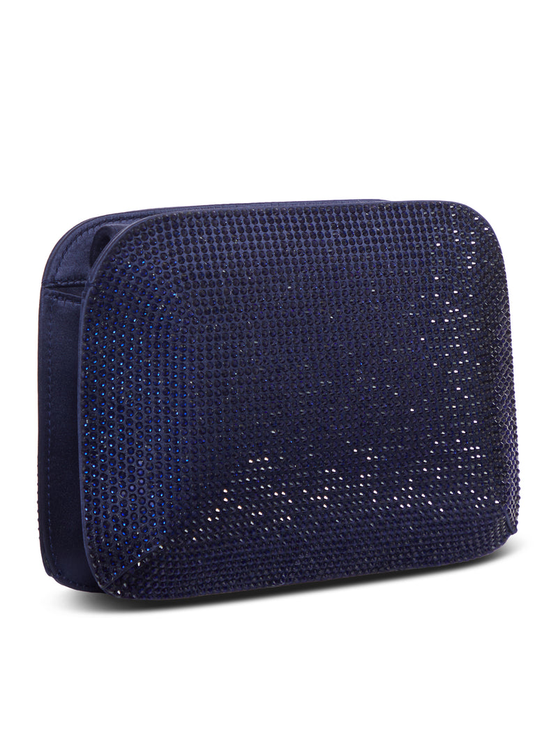 JEWEL CLUTCH BAG IN SATIN WITH BLUE CRYSTALS AND CHAIN