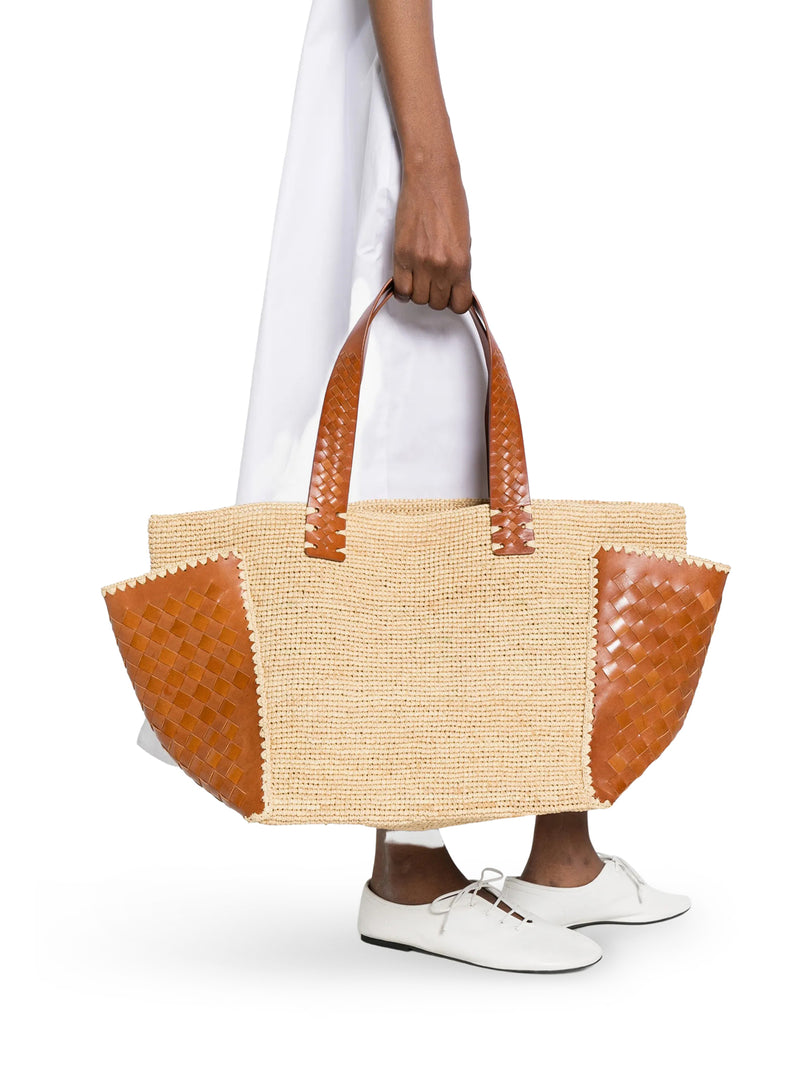 CHLOE` RAFFIA TOTE BAG WITH LEATHER DETAILS