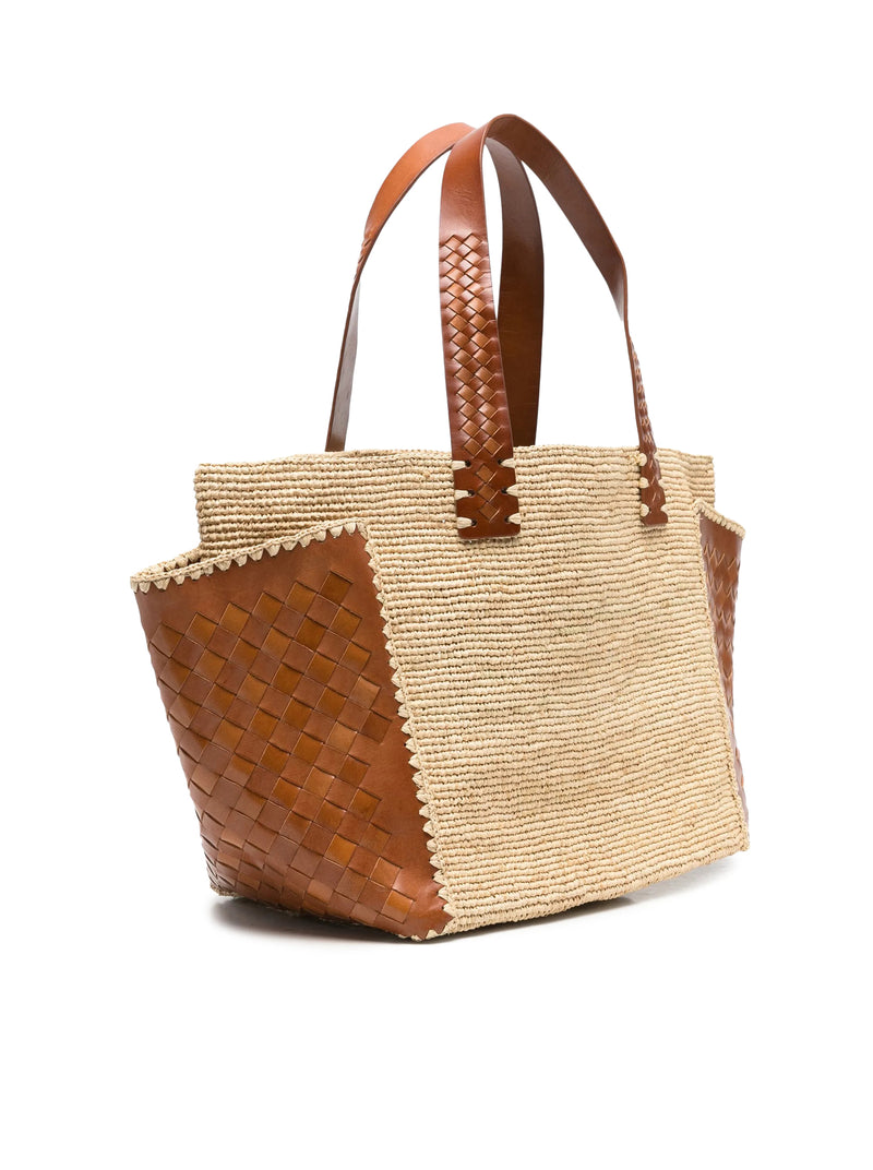 CHLOE` RAFFIA TOTE BAG WITH LEATHER DETAILS