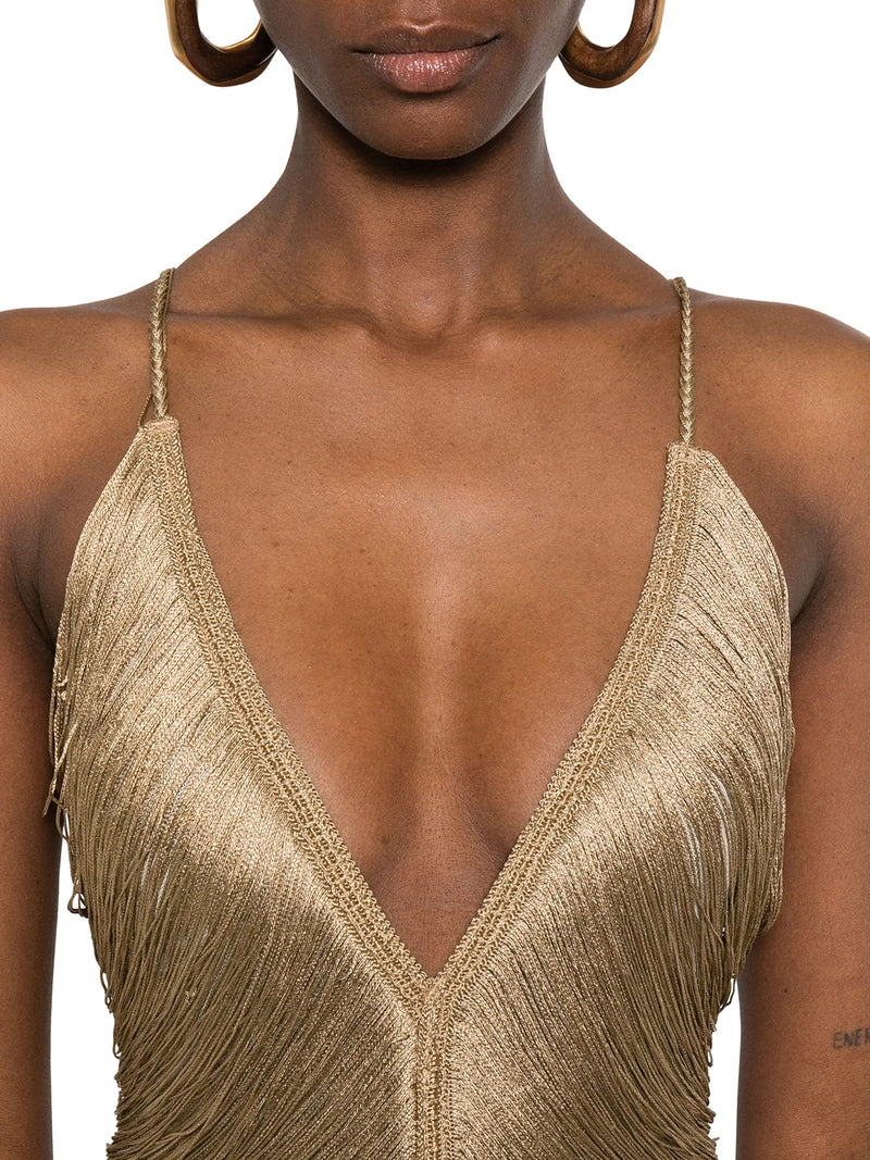LONG SOLÉ DRESS WITH FRINGES AND V-NECK