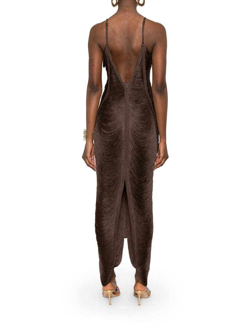 LONG SOLÉ DRESS WITH FRINGES AND V-NECK