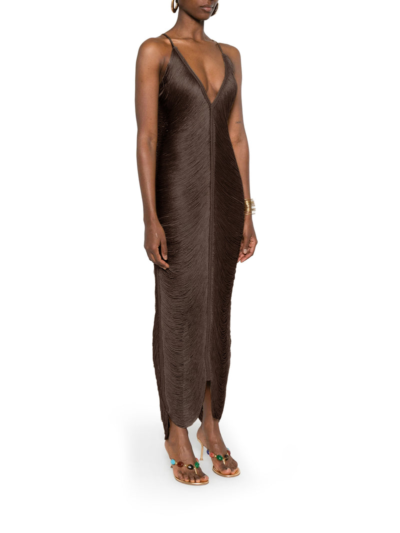 LONG SOLÉ DRESS WITH FRINGES AND V-NECK