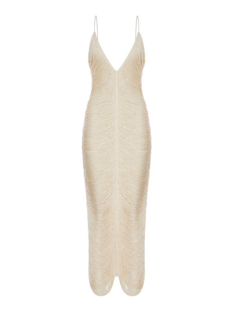 LONG SOLÉ DRESS WITH FRINGES AND V-NECK