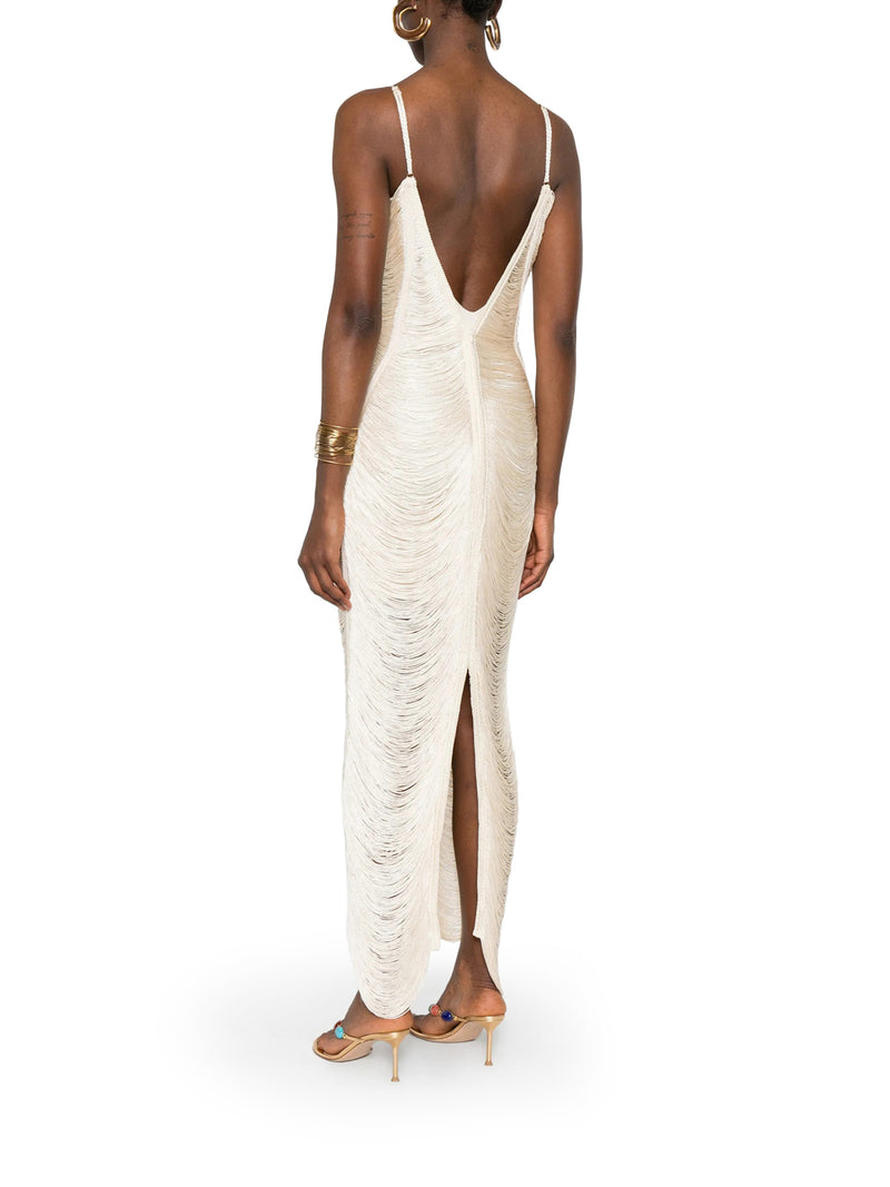 LONG SOLÉ DRESS WITH FRINGES AND V-NECK