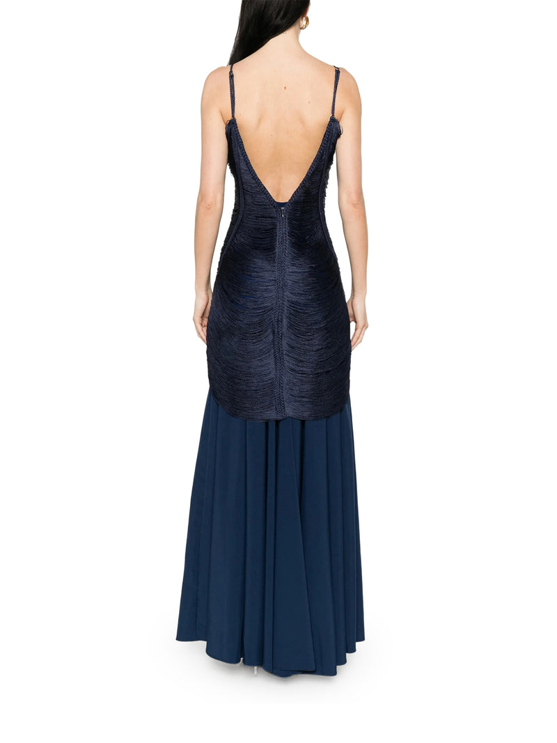 LONG NOSTALGIA DRESS WITH FRINGES AND V-NECK