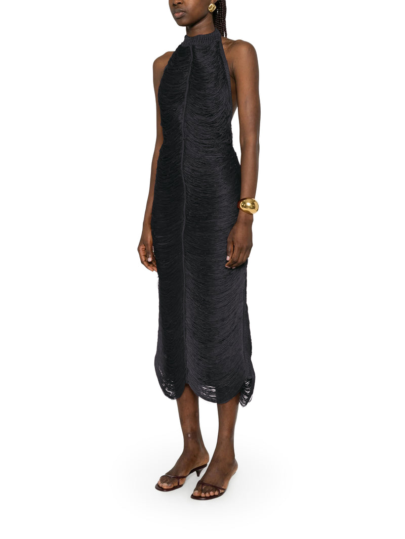 BERYL LONG DRESS WITH FRINGES AND HALTER NECKLINE