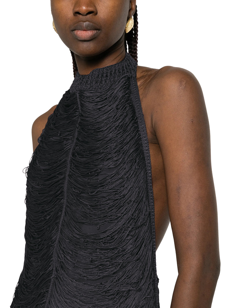 BERYL LONG DRESS WITH FRINGES AND HALTER NECKLINE