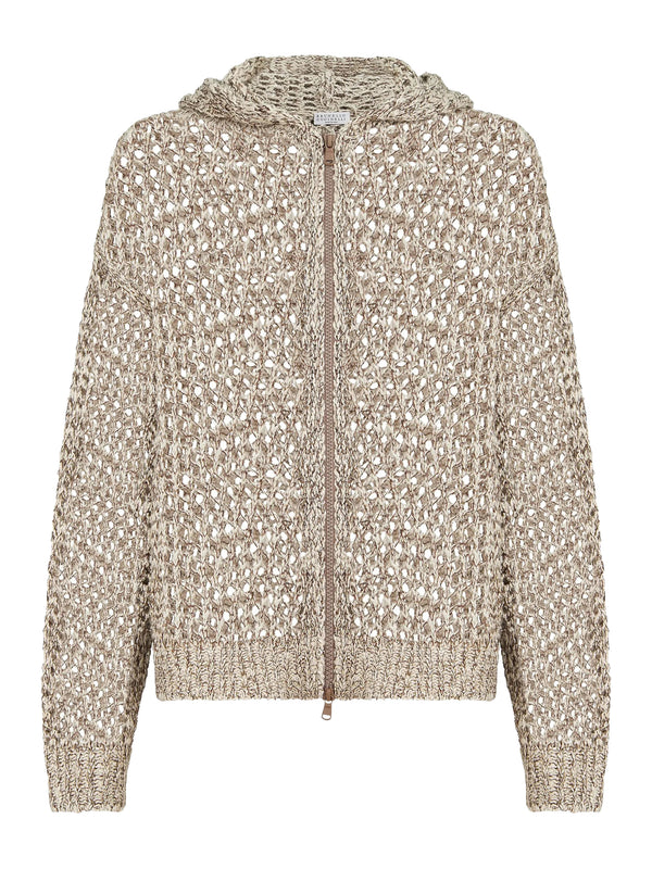 DAZZLING CHINÉ SILK AND LINEN KNIT CARDIGAN WITH HOOD AND ZIP