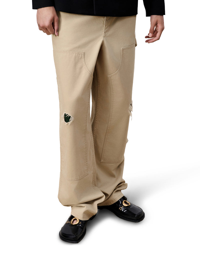 BEIGE COTTON TWILL CARPENTER`S STYLE JEANS