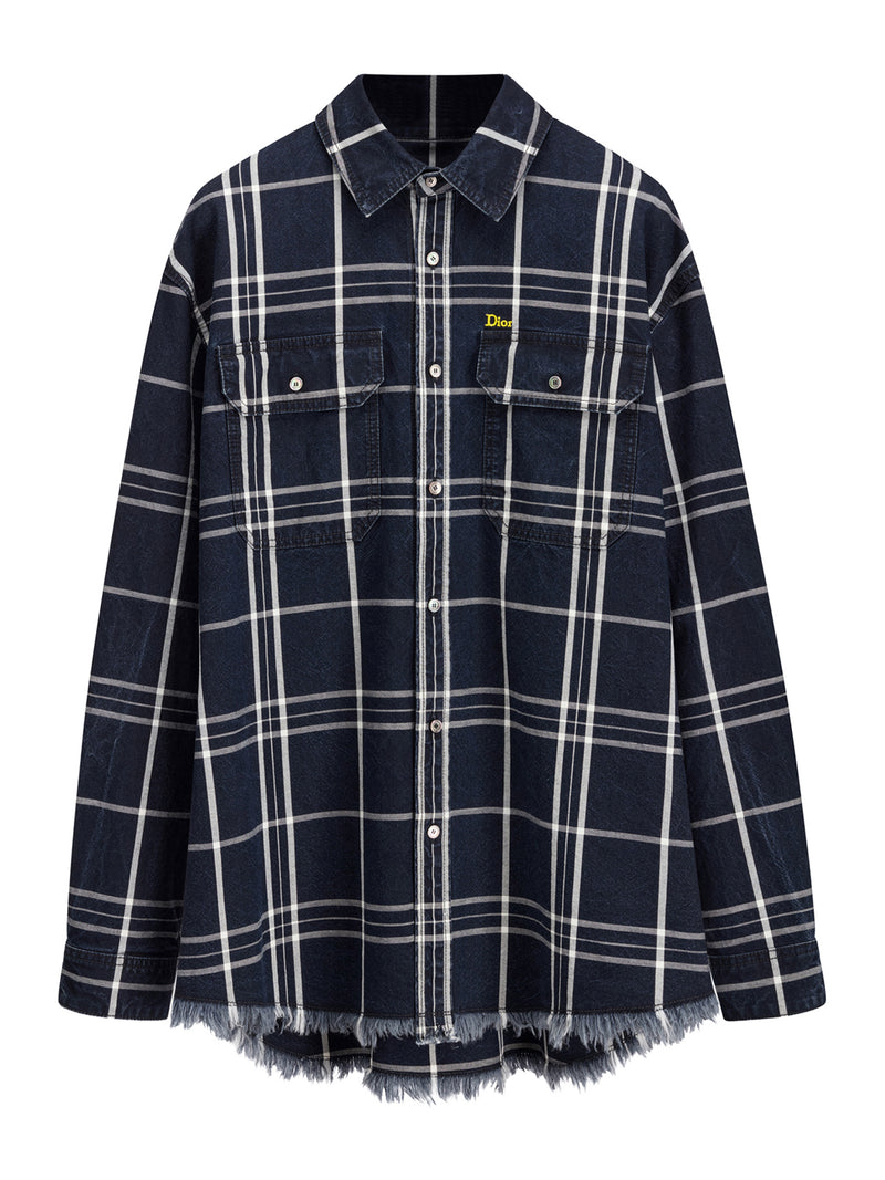 BLUE COTTON CHAMBRAY CHECKED SHIRT JACKET